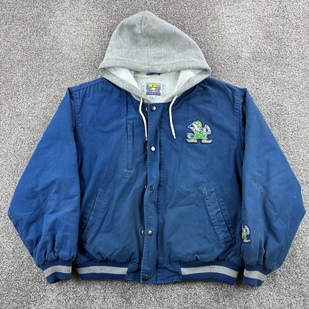 Vintage Notre Dame Fighting Irish Jacket Mens Large Blue Hooded Bomber NCAA